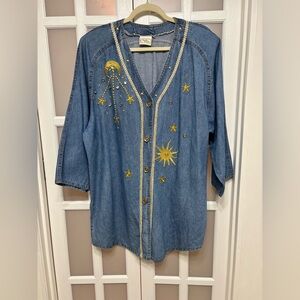 Vintage Denim Embroidered Celestial Tunic Dress Gold Beaded Sun Stars Size L